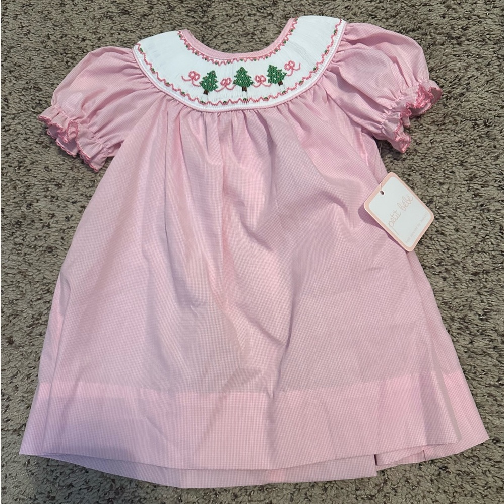 Petit Bebe Girls Pink Gingham Smocked Christmas Tree Bishop Dress NWT, 12 Months